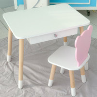 Стол прямоугольный с ящиком 46х60х45 и стул мордашка медвежья 26.5х26х25, комплект для детской комнаты, белый с розовым.