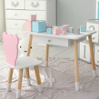 Стол прямоугольный с ящиком 46х60х45 и стул мордашка медвежья 26.5х26х25, комплект для детской комнаты, белый с розовым.