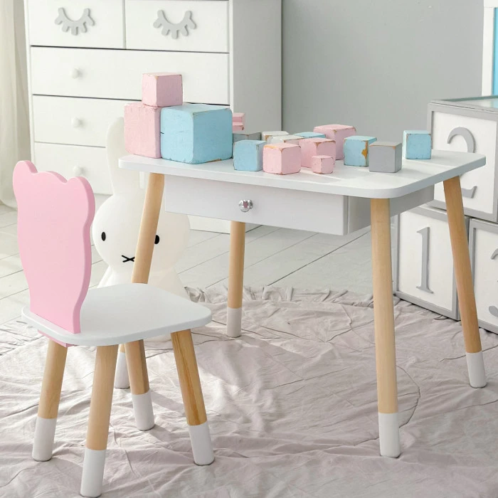 Стіл прямокутний з шухлядою 46х60х45 і стілець мордочка медвежа 26.5х26х25, комплект для дитячої кімнати, білий з рожевим