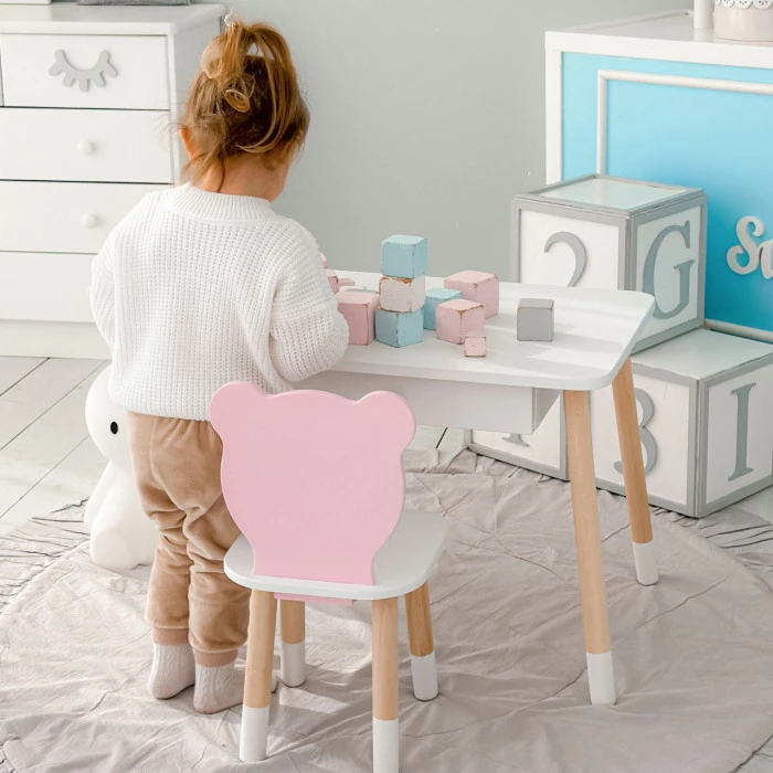 Стіл прямокутний з шухлядою 46х60х45 і стілець мордочка медвежа 26.5х26х25, комплект для дитячої кімнати, білий з рожевим