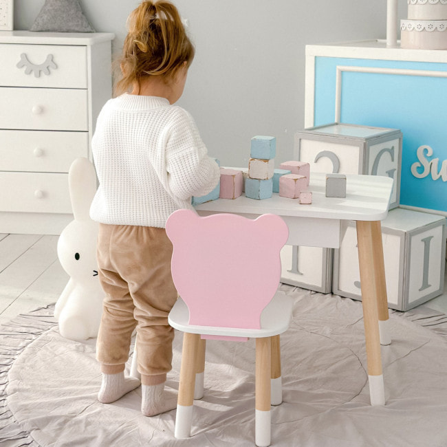 Стол прямоугольный с ящиком 46х60х45 и стул мордашка медвежья 26.5х26х25, комплект для детской комнаты, белый с розовым.