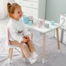 Стол прямоугольный с ящиком 46х60х45 и стул мордашка медвежья 26.5х26х25, комплект для детской комнаты, белый с розовым.