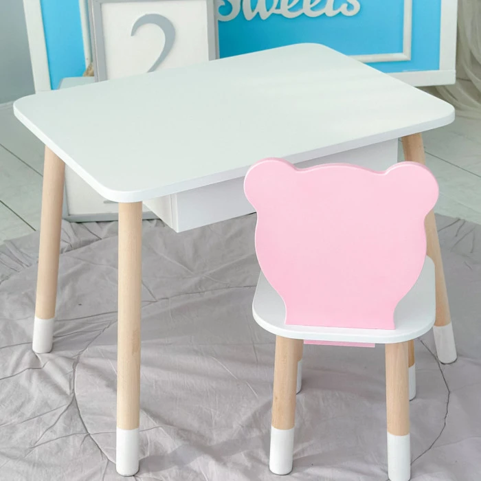 Стіл прямокутний з шухлядою 46х60х45 і стілець мордочка медвежа 26.5х26х25, комплект для дитячої кімнати, білий з рожевим