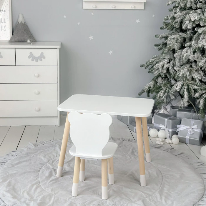 Стіл прямокутний 46х60х45 і стілець медвежа 26.5х26х25, столик та стільчик в дитячу, білий