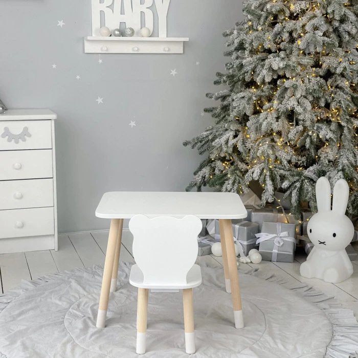 Стіл прямокутний 46х60х45 і стілець медвежа 26.5х26х25, столик та стільчик в дитячу, білий