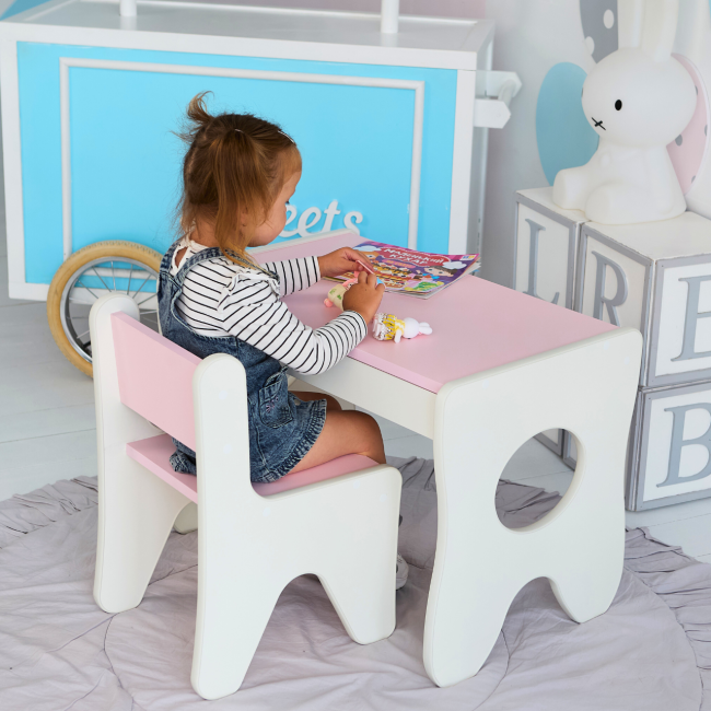 Удобный столик в детскую комнату 70×45×51, детский игровой стол с ящиком, белый с розовым.
