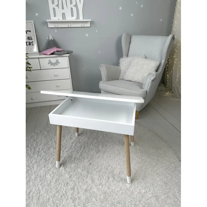 Стіл прямокутний з відкидним ящиком 53х60х45 і стілець медведик 26.5х26х25, комплект для дівчачої кімнати, рожевий з білим