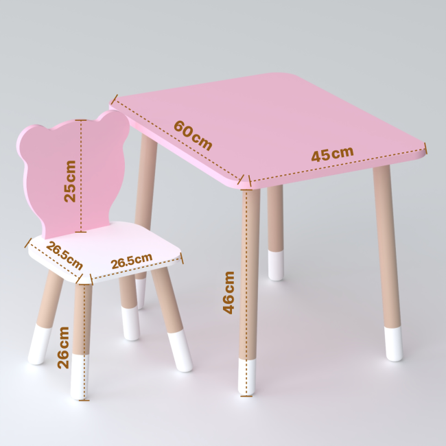 Стол прямой 46х60х45 и стул мордашка медведика 26.5х26х25, столик и стульчик для девочки, розовый с белым