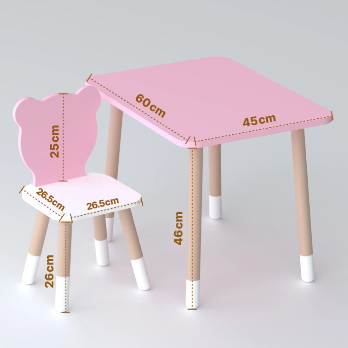 Стіл прямий 46х60х45 і стілець мордочка медведика 26.5х26х25, столик та стільчик для дівчинки, рожевий з білим