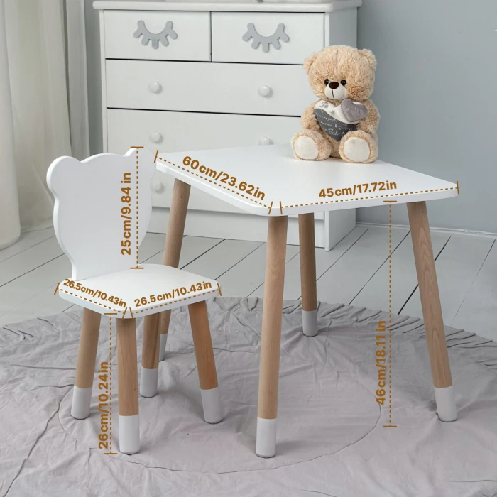 Стіл прямокутний 46х60х45 і стілець медвежа 26.5х26х25, столик та стільчик в дитячу, білий