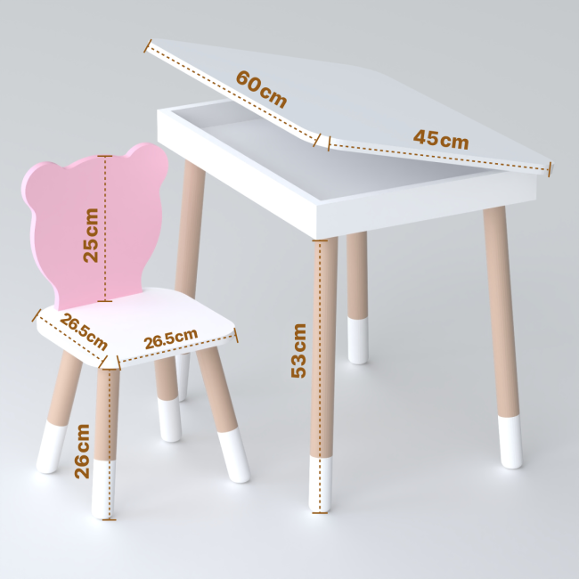 Стол прямоугольный с откидным ящиком 53х60х45 и стул медведик 26.5х26х25, комплект для девичьей комнаты, розовый с белым