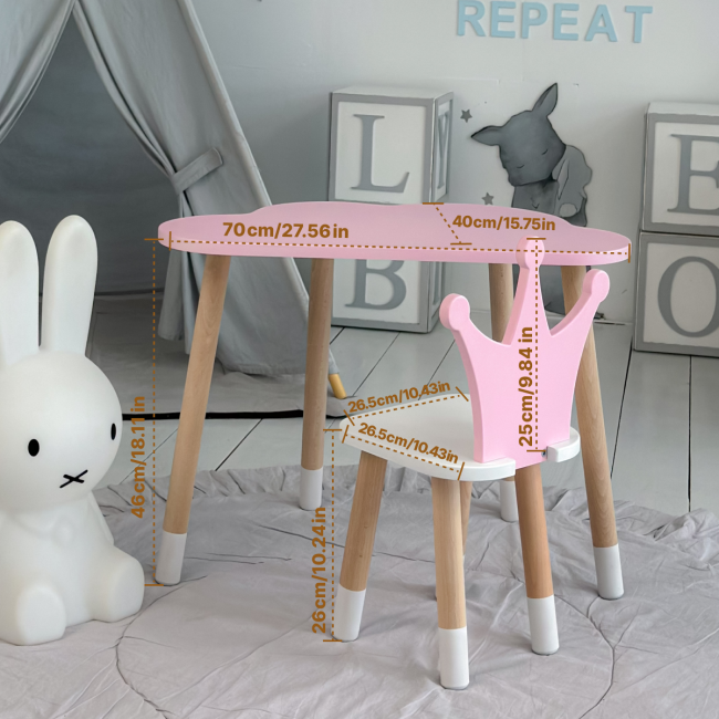 Стол облачко 46х70х40 и стульчик коронка 26.5х26х25, детский столик и стул для игр/занятий, розовый с белым