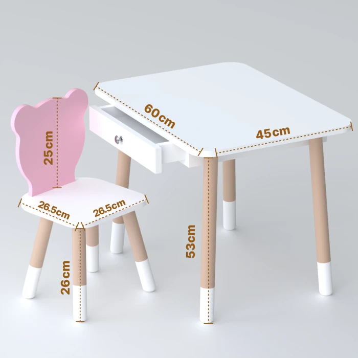 Стіл прямокутний з шухлядою 46х60х45 і стілець мордочка медвежа 26.5х26х25, комплект для дитячої кімнати, білий з рожевим