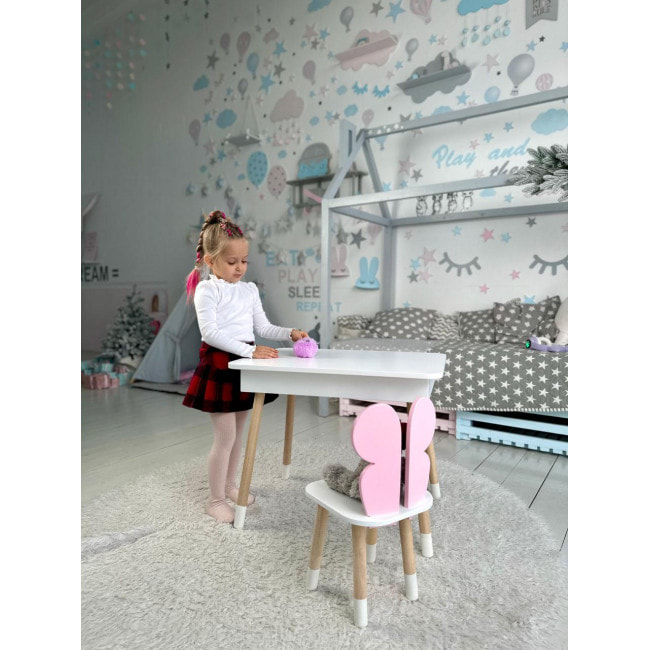Детский столик с откидным верхом 53х60х45 и стульчик бабочка 26.5х26х25, стол и стул для детей до 7 лет, белый с розовым