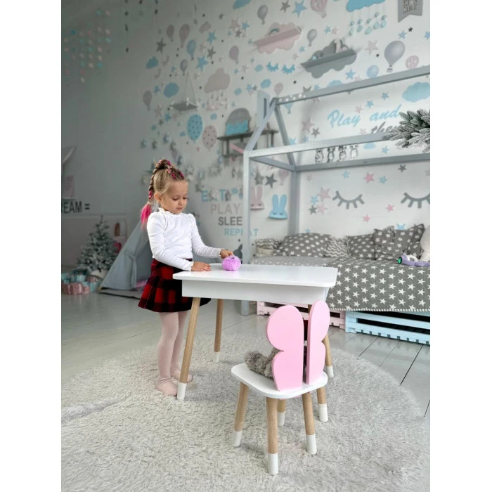 Дитячий столик з відкидним верхом 53х60х45 і стільчик метелик 26.5х26х25, стіл та стілець для дітей до 7 років, білий з рожевим