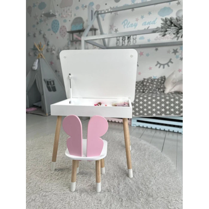Дитячий столик з відкидним верхом 53х60х45 і стільчик метелик 26.5х26х25, стіл та стілець для дітей до 7 років, білий з рожевим