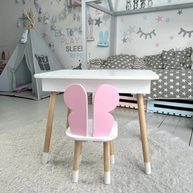 Детский столик с откидным верхом 53х60х45 и стульчик бабочка 26.5х26х25, стол и стул для детей до 7 лет, белый с розовым