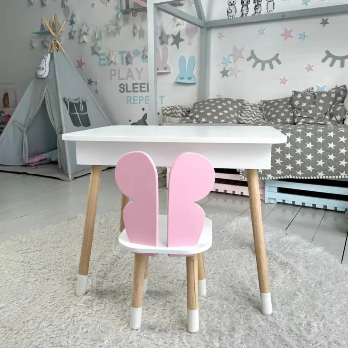 Дитячий столик з відкидним верхом 53х60х45 і стільчик метелик 26.5х26х25, стіл та стілець для дітей до 7 років, білий з рожевим