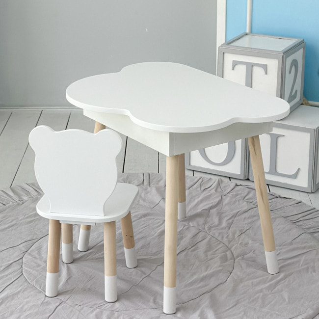 Столик хмаринка з нішею для речей 54х68х50 і стільчик спинка в формі медведика 26.5х26х25, стіл та стілець в дитячу кімнату, білий