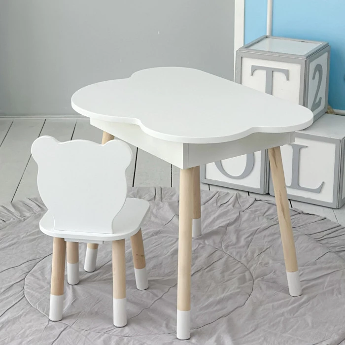 Столик хмаринка з нішею для речей 54х68х50 і стільчик спинка в формі медведика 26.5х26х25, стіл та стілець в дитячу кімнату, білий
