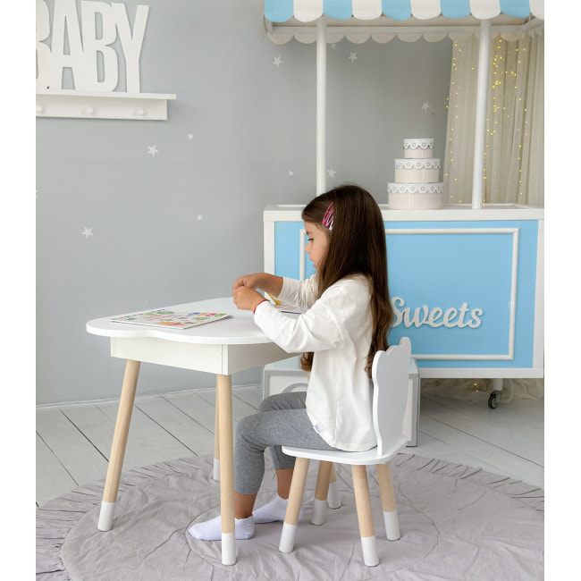 Столик хмаринка з нішею для речей 54х68х50 і стільчик спинка в формі медведика 26.5х26х25, стіл та стілець в дитячу кімнату, білий
