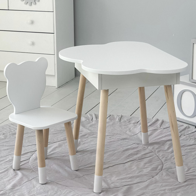 Столик хмаринка з нішею для речей 54х68х50 і стільчик спинка в формі медведика 26.5х26х25, стіл та стілець в дитячу кімнату, білий