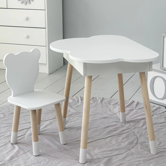 Столик хмаринка з нішею для речей 54х68х50 і стільчик спинка в формі медведика 26.5х26х25, стіл та стілець в дитячу кімнату, білий