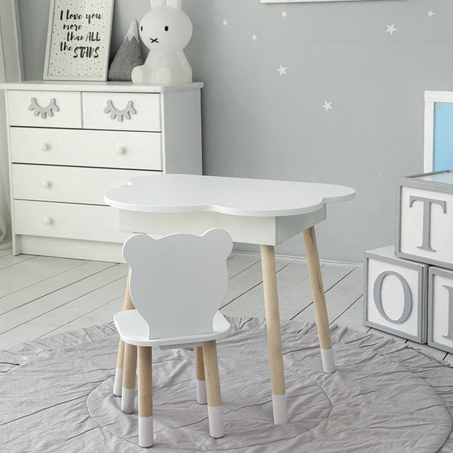 Столик хмаринка з нішею для речей 54х68х50 і стільчик спинка в формі медведика 26.5х26х25, стіл та стілець в дитячу кімнату, білий