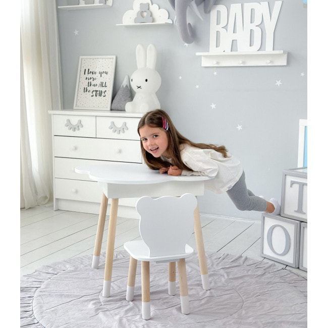 Столик хмаринка з нішею для речей 54х68х50 і стільчик спинка в формі медведика 26.5х26х25, стіл та стілець в дитячу кімнату, білий