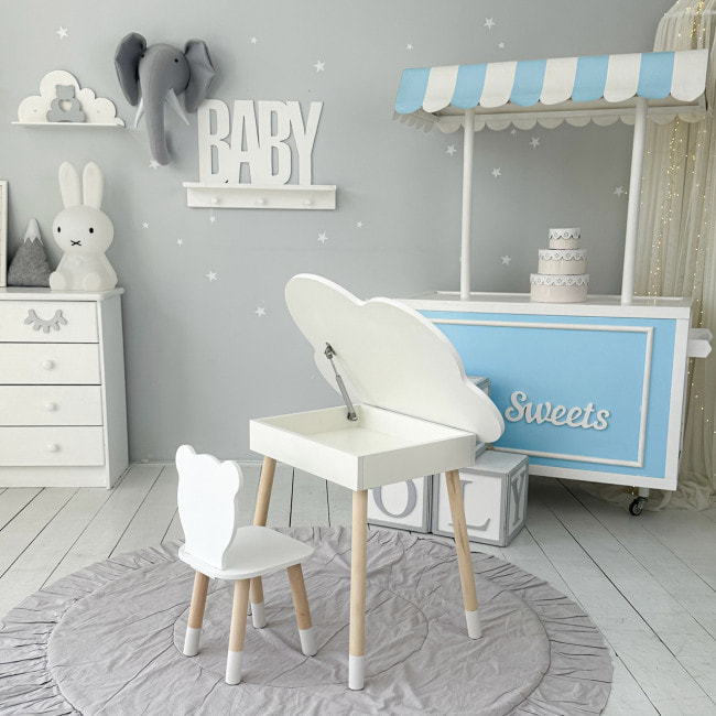 Столик хмаринка з нішею для речей 54х68х50 і стільчик спинка в формі медведика 26.5х26х25, стіл та стілець в дитячу кімнату, білий