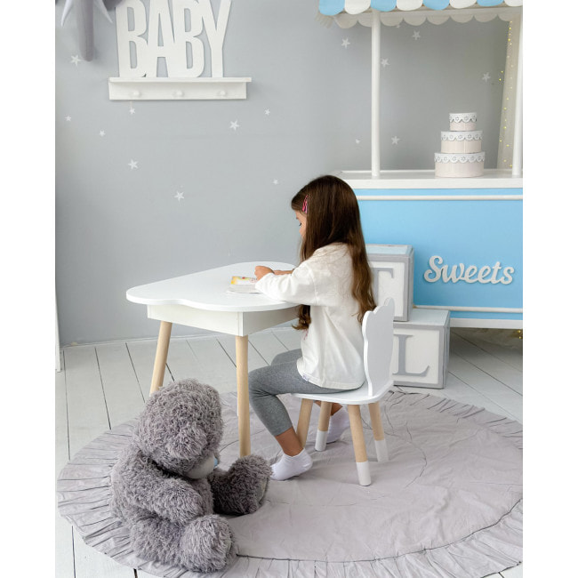 Столик хмаринка з нішею для речей 54х68х50 і стільчик спинка в формі медведика 26.5х26х25, стіл та стілець в дитячу кімнату, білий