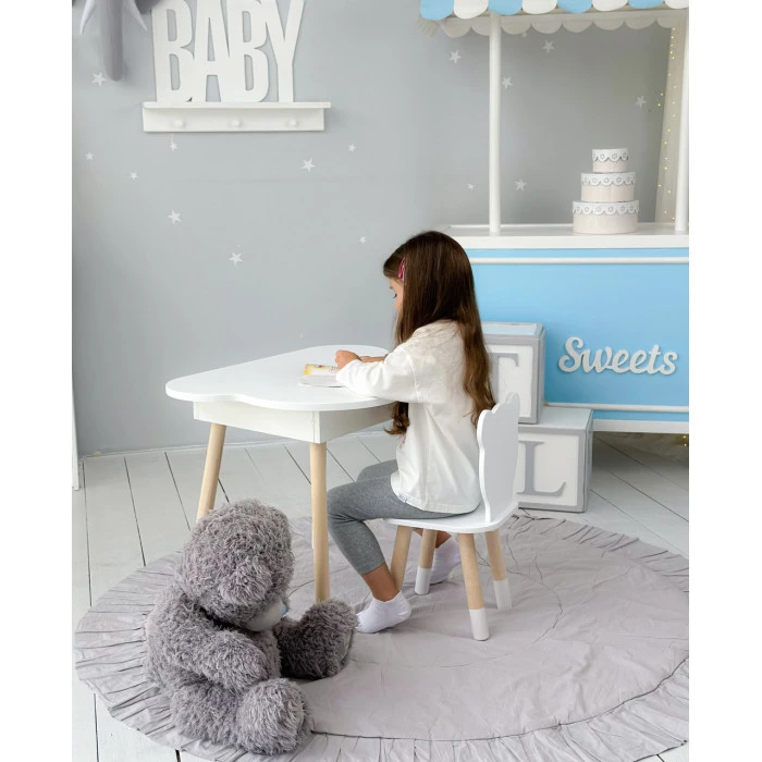 Столик хмаринка з нішею для речей 54х68х50 і стільчик спинка в формі медведика 26.5х26х25, стіл та стілець в дитячу кімнату, білий