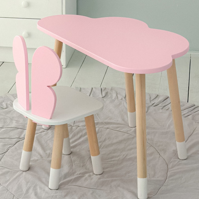 Стол облако 46х70х40 и стульчик бабочка 26.5х26х25, детский столик и стул для рисования/занятий, розовый с белым