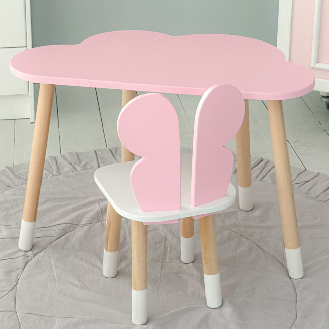 Стол облако 46х70х40 и стульчик бабочка 26.5х26х25, детский столик и стул для рисования/занятий, розовый с белым