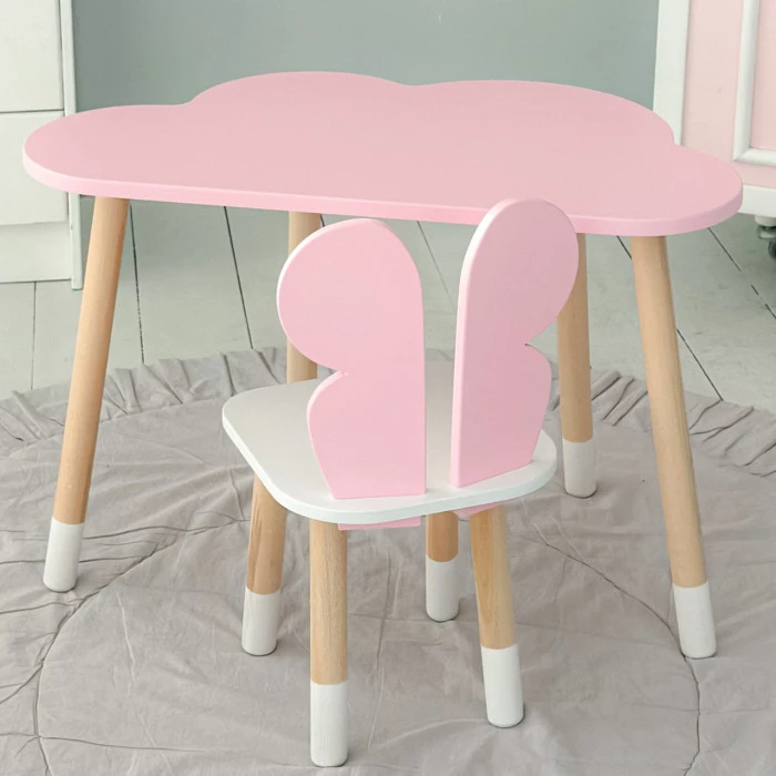 Стіл хмаринка 46х70х40 та стільчик метелик 26.5х26х25, дитячий столик та стілець для малювання/занять, рожевий з білим
