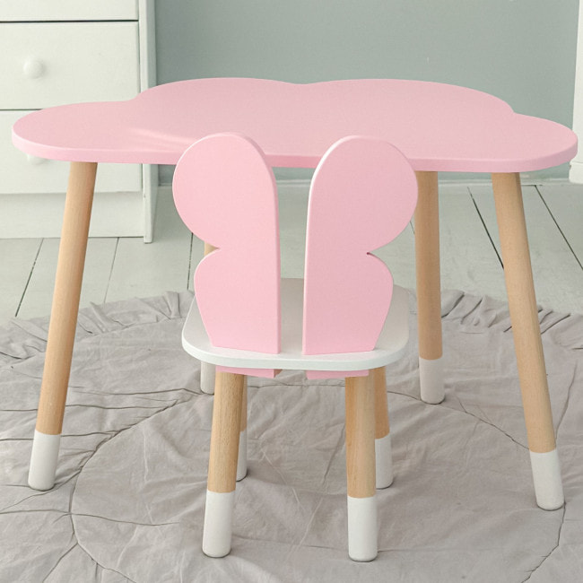 Стол облако 46х70х40 и стульчик бабочка 26.5х26х25, детский столик и стул для рисования/занятий, розовый с белым
