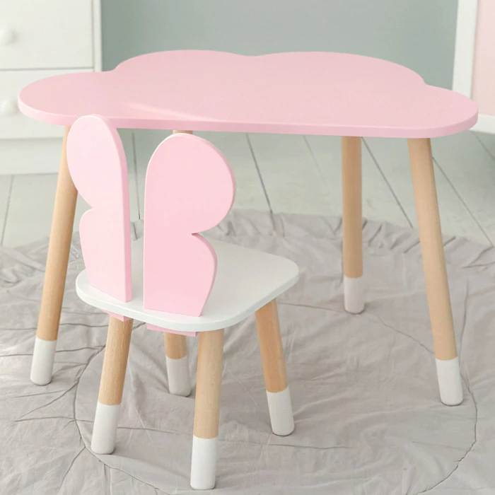 Стіл хмаринка 46х70х40 та стільчик метелик 26.5х26х25, дитячий столик та стілець для малювання/занять, рожевий з білим