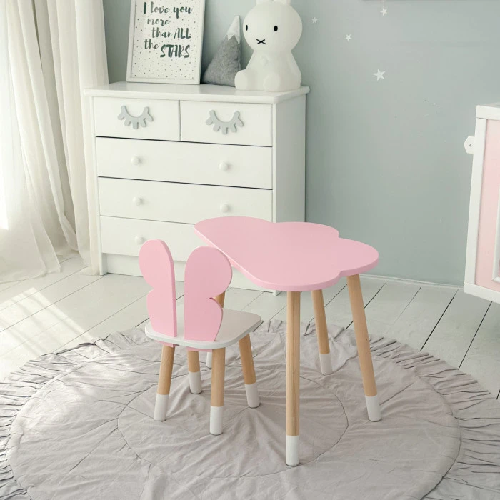Стіл хмаринка 46х70х40 та стільчик метелик 26.5х26х25, дитячий столик та стілець для малювання/занять, рожевий з білим