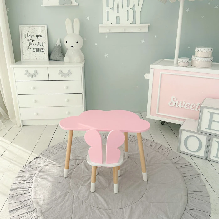 Стіл хмаринка 46х70х40 та стільчик метелик 26.5х26х25, дитячий столик та стілець для малювання/занять, рожевий з білим