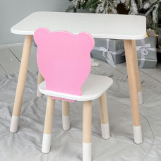 Стол прямоугольный 46х60х45 и стул медвежья 26.5х26х25, столик и стульчик в детскую, белый с розовым.