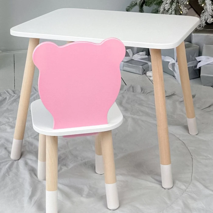 Стіл прямокутний 46х60х45 і стілець медвежа 26.5х26х25, столик та стільчик в дитячу, білий з рожевим