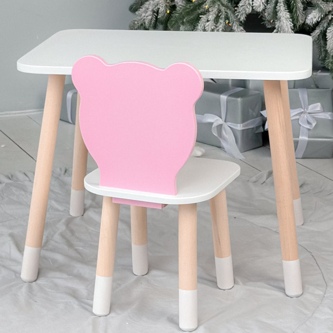 Стіл прямокутний 46х60х45 і стілець медвежа 26.5х26х25, столик та стільчик в дитячу, білий з рожевим