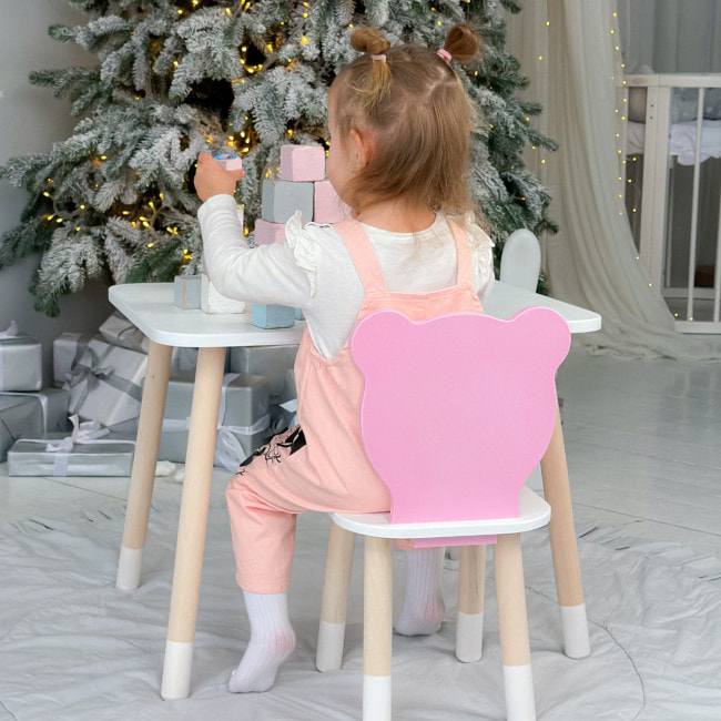 Стіл прямокутний 46х60х45 і стілець медвежа 26.5х26х25, столик та стільчик в дитячу, білий з рожевим