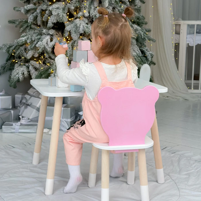 Стіл прямокутний 46х60х45 і стілець медвежа 26.5х26х25, столик та стільчик в дитячу, білий з рожевим