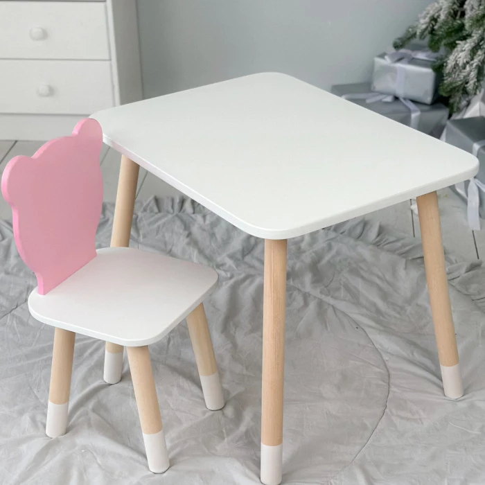 Стіл прямокутний 46х60х45 і стілець медвежа 26.5х26х25, столик та стільчик в дитячу, білий з рожевим