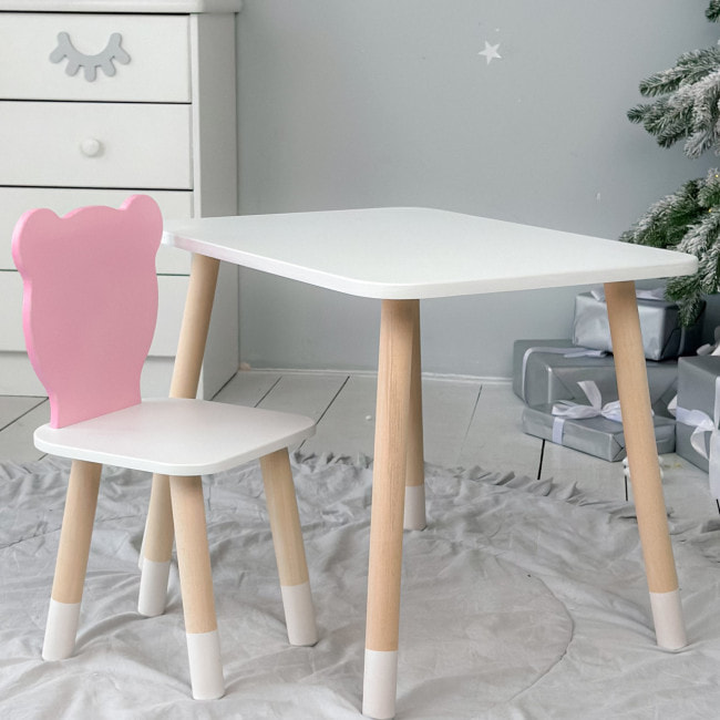 Стіл прямокутний 46х60х45 і стілець медвежа 26.5х26х25, столик та стільчик в дитячу, білий з рожевим