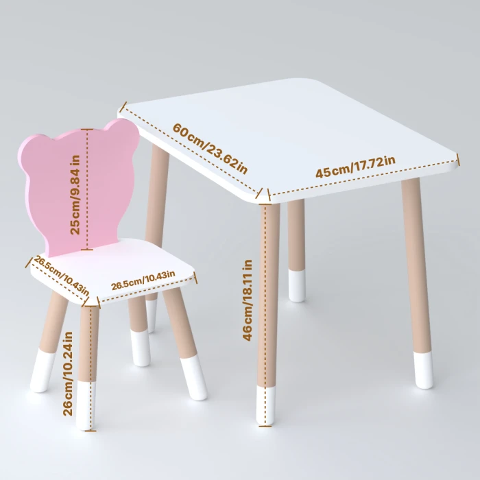 Стіл прямокутний 46х60х45 і стілець медвежа 26.5х26х25, столик та стільчик в дитячу, білий з рожевим