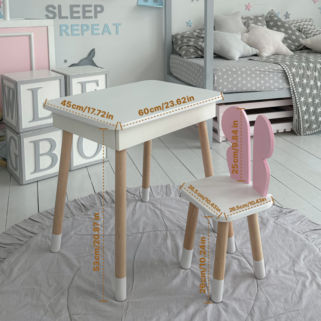 Детский столик с откидным верхом 53х60х45 и стульчик бабочка 26.5х26х25, стол и стул для детей до 7 лет, белый с розовым
