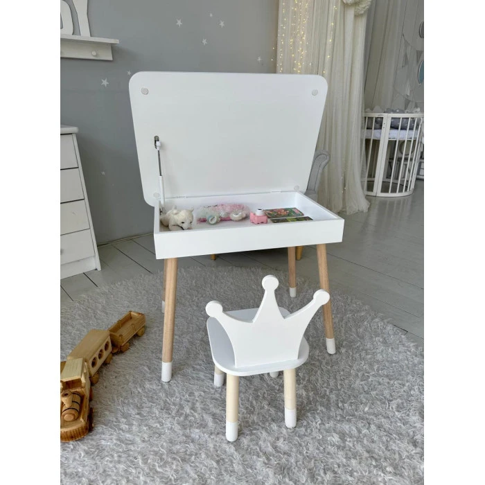 Столик с откидывающимся верхом 53х60х45 и стульчик корона 26.5х26х25, стол и стул для детей от 1 года, белый