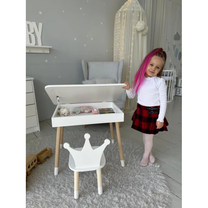 Столик с откидывающимся верхом 53х60х45 и стульчик корона 26.5х26х25, стол и стул для детей от 1 года, белый